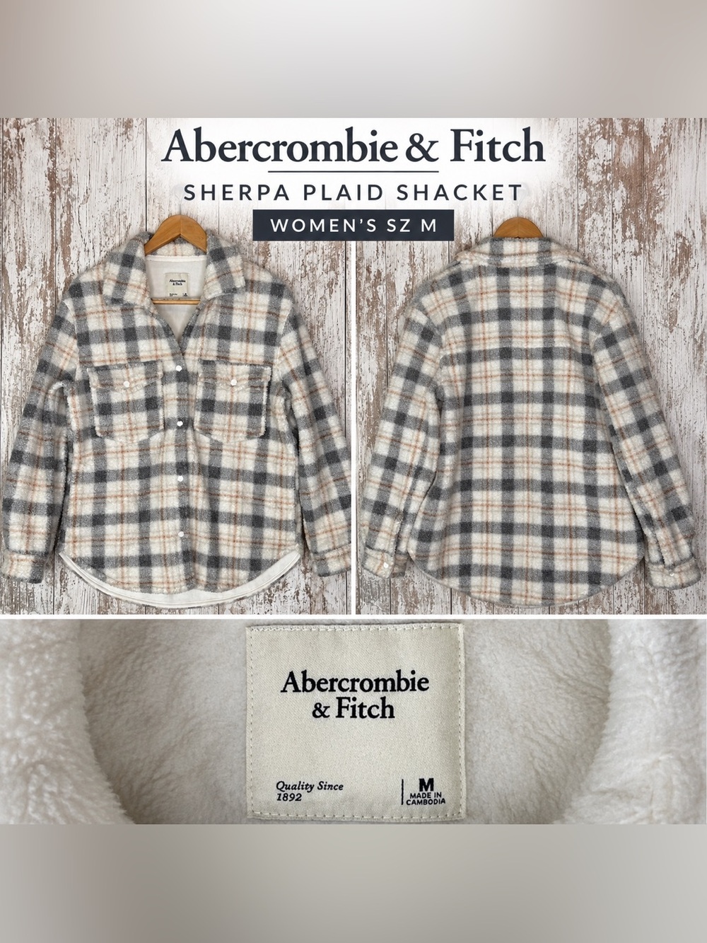Abercrombie & Fitch Sherpa Plaid Shacket Women’s Medium Gray Cream Overshirt